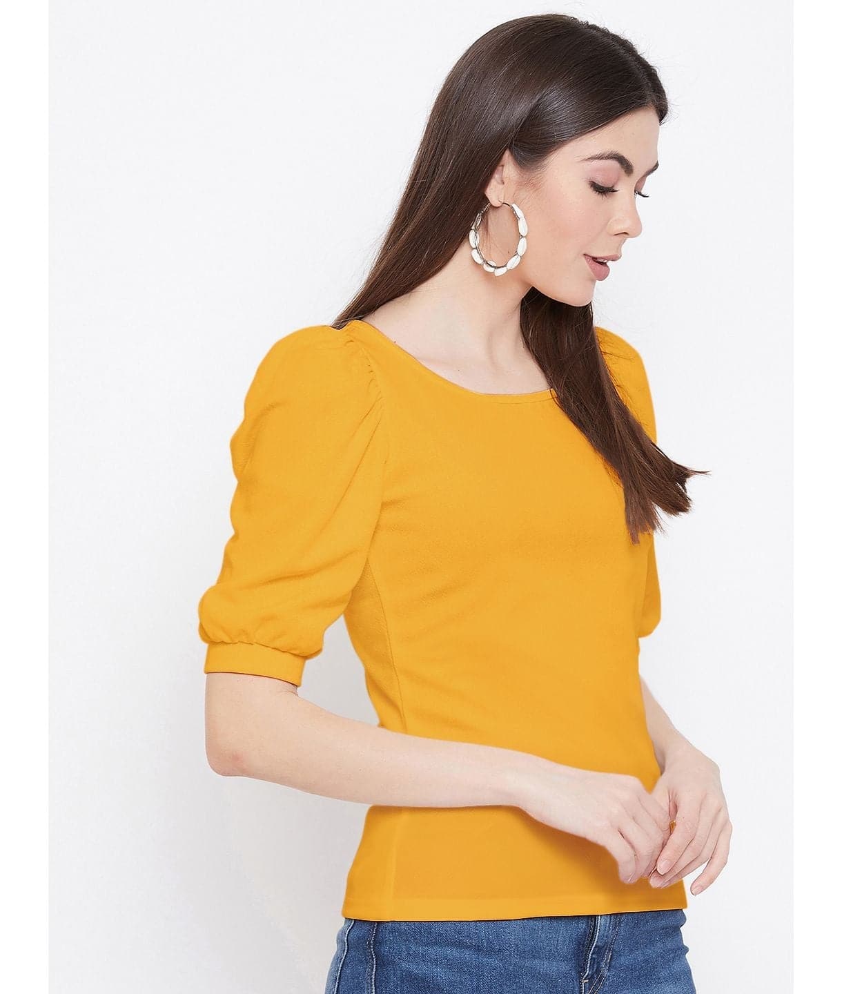 Cotton Solid Stretchable Round Neck Puff Sleeve Top