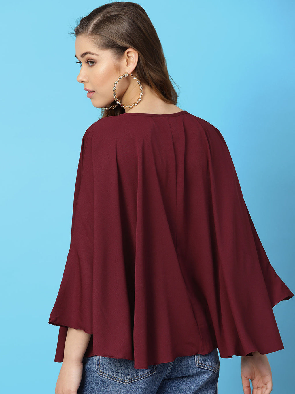 Maroon Buttoned Crepe Cape Top