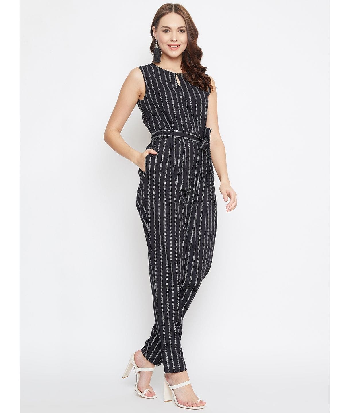 Striped Keyhole Jumpsuit with Belt