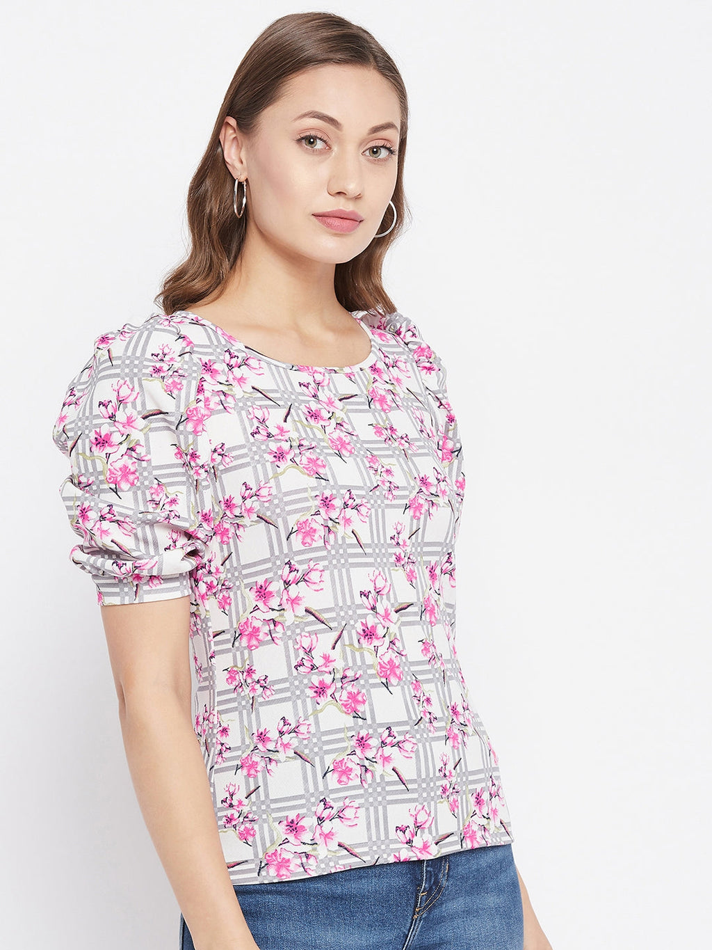 Cotton Floral Stretchable Puff Sleeve Top