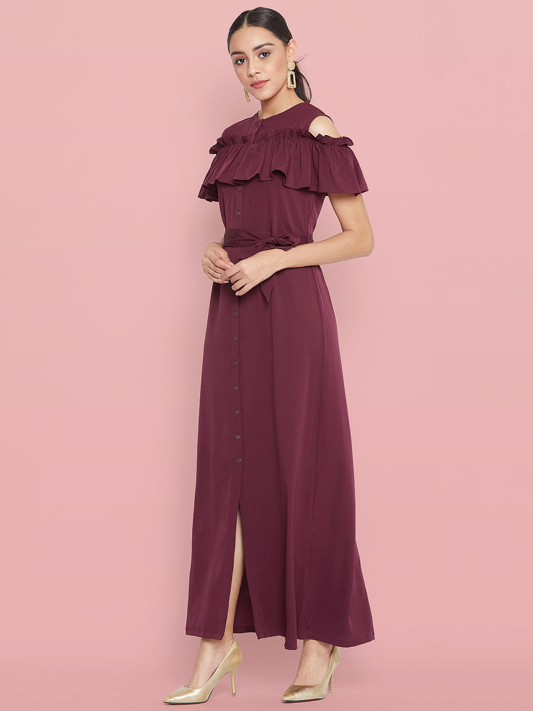 Ruffled Buttoned Cold Shoulder Maxi Dress