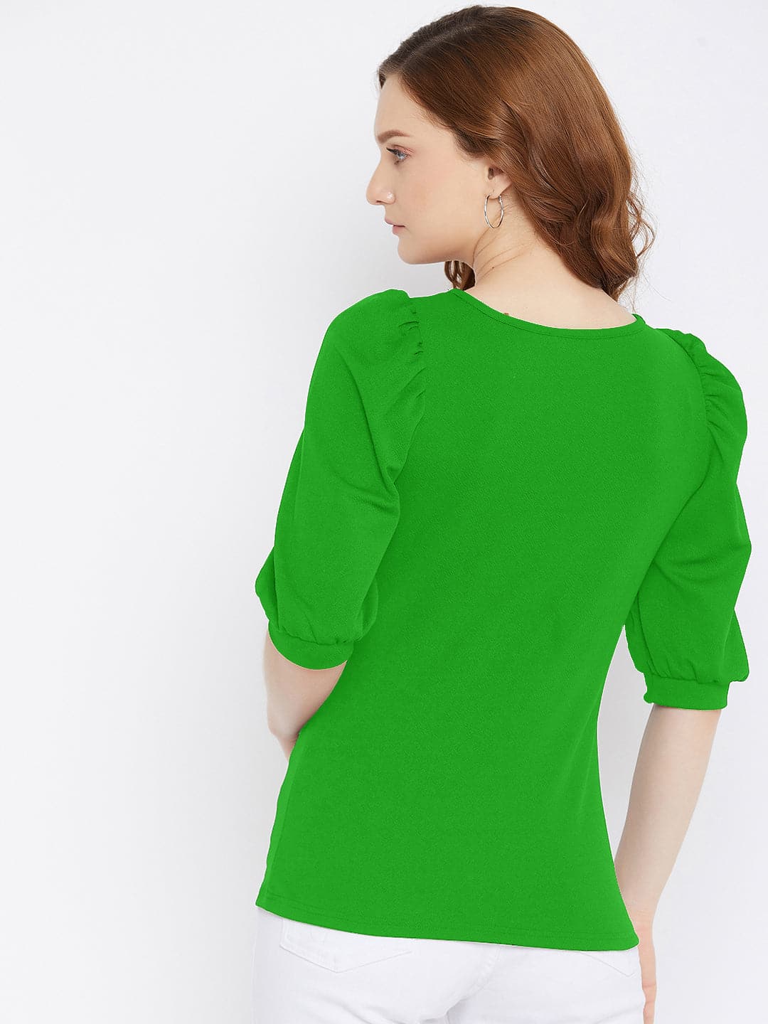 Cotton Solid Stretchable Round Neck Puff Sleeve Top
