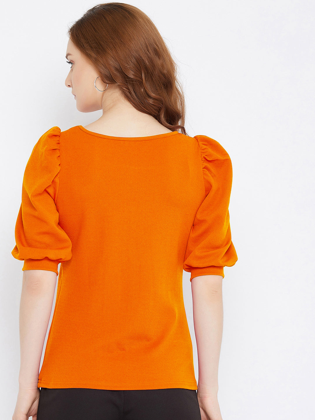 Cotton Solid Stretchable Round Neck Puff Sleeve Top