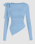 Boat Neck Bow-Shoulder Asymmetric Hem Full Sleeve Top in Blue