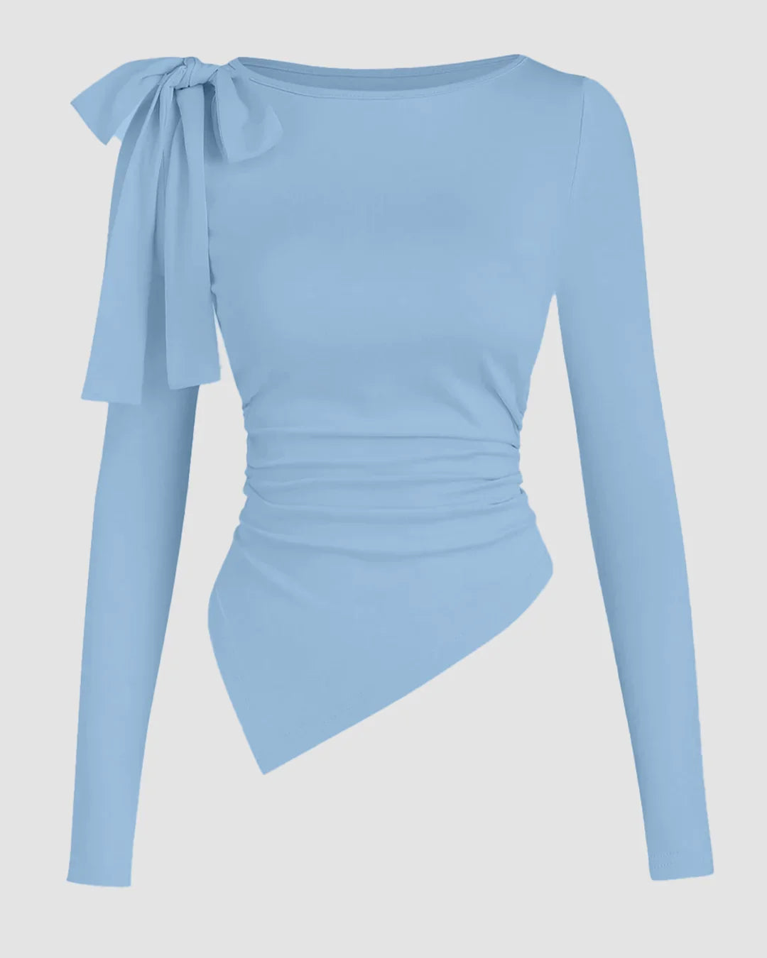 Boat Neck Bow-Shoulder Asymmetric Hem Full Sleeve Top in Blue
