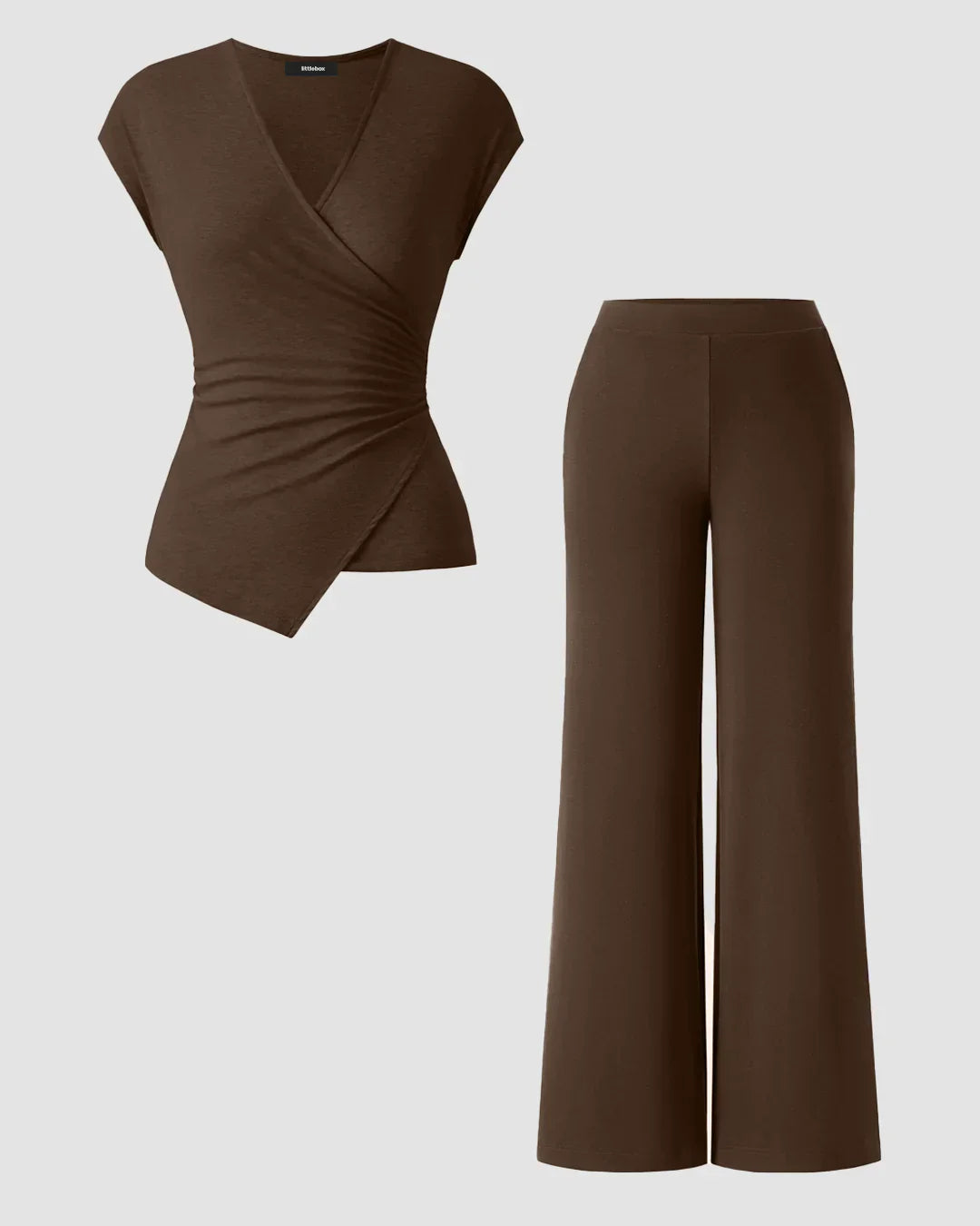Brown Short Sleeve Wrap Top & Wide-Leg Trousers Co-ords Set