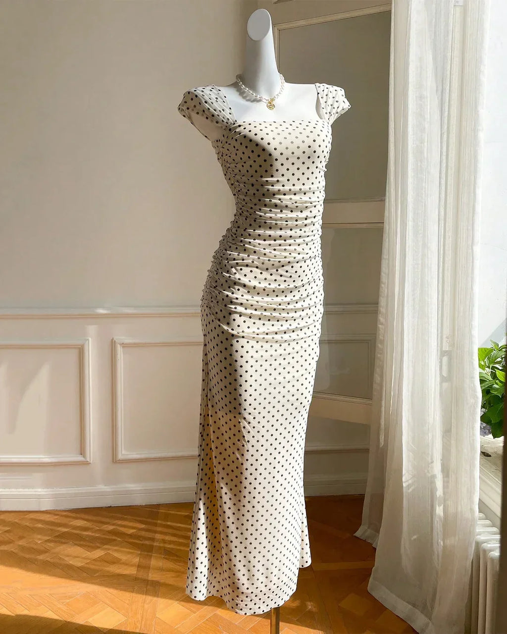 White Polka Dot Square Neck Short Sleeve Slit Maxi Dress