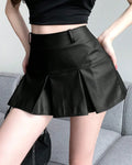 Solid Color Mini Pleated Leather Skirt for Women in Black