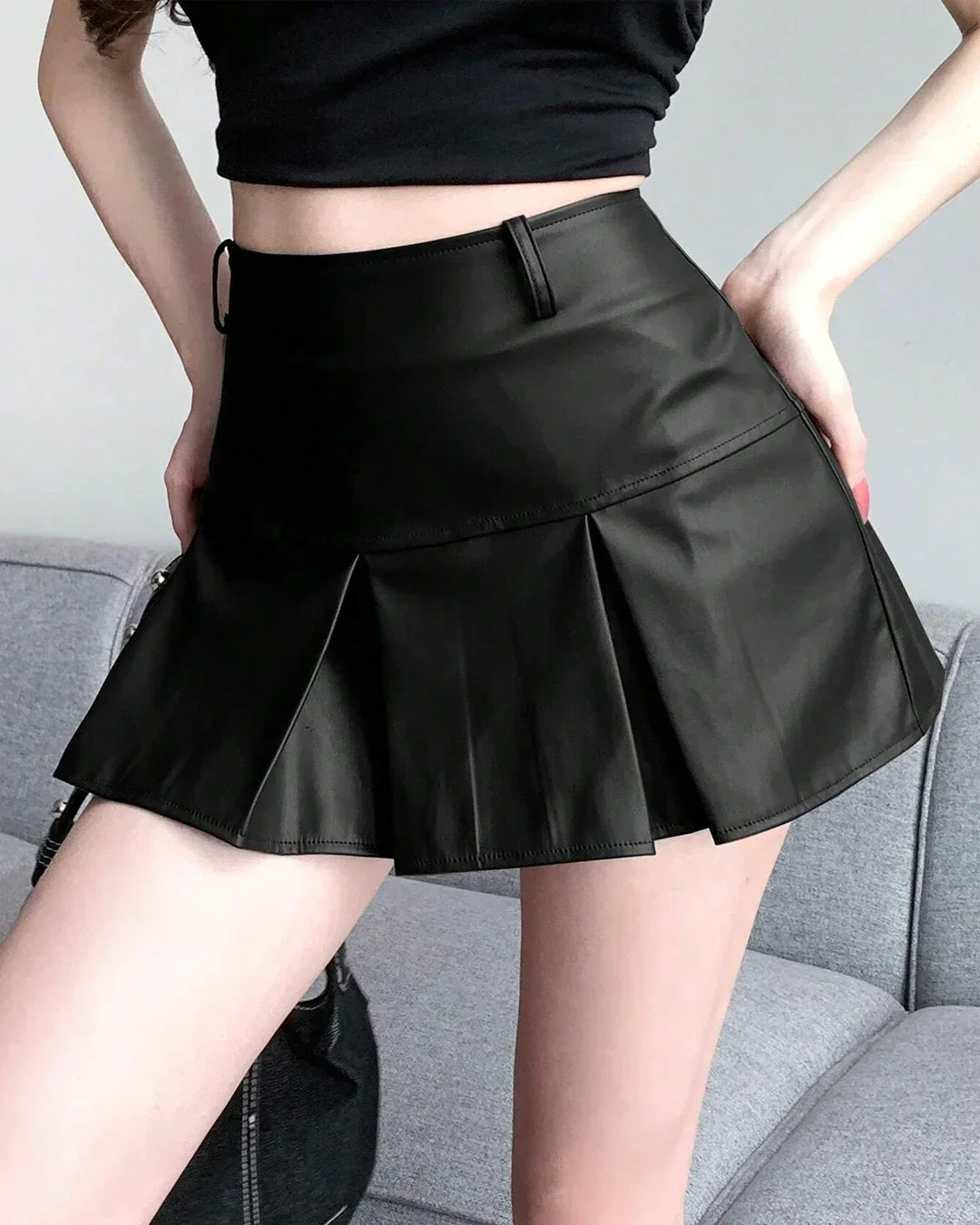 Solid Color Mini Pleated Leather Skirt for Women in Black