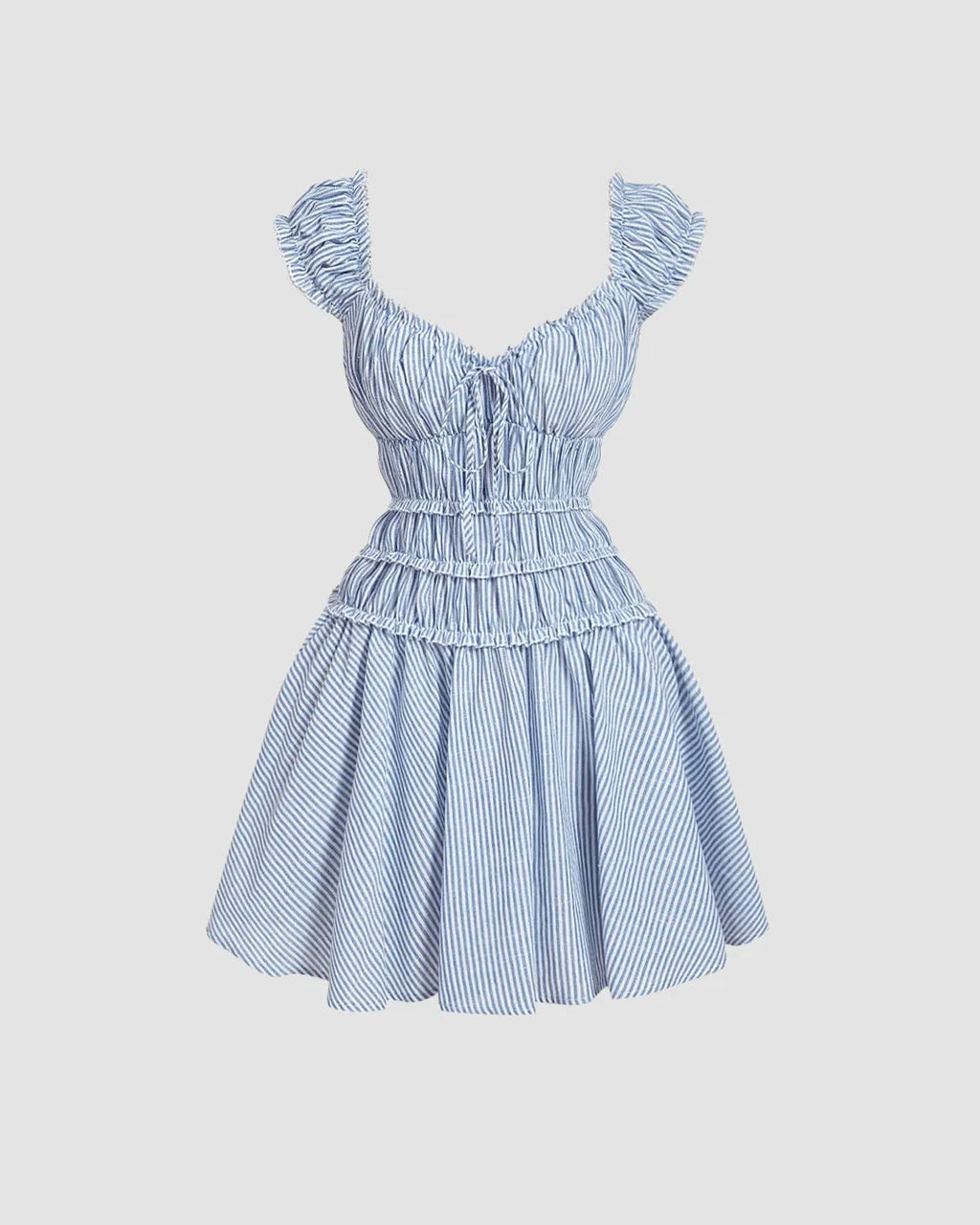 Blue Striped Smocked Mini Dress with Ruffle Sleeves