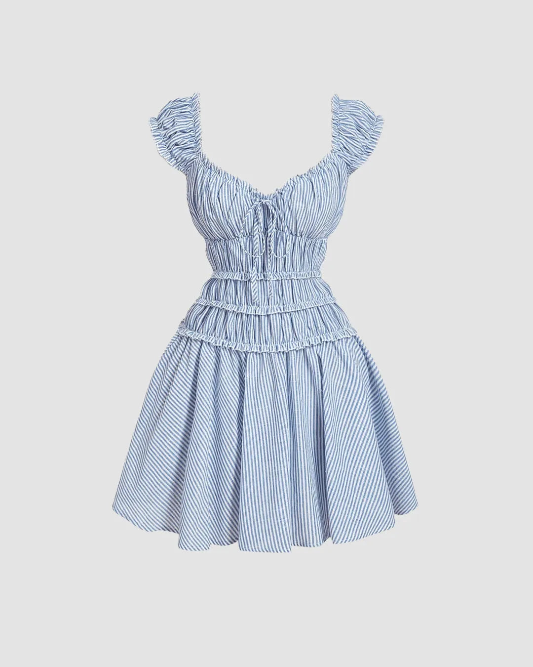 Blue Striped Smocked Mini Dress with Ruffle Sleeves
