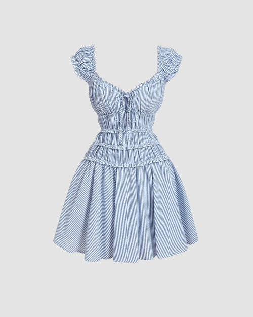 Blue Striped Smocked Mini Dress with Ruffle Sleeves