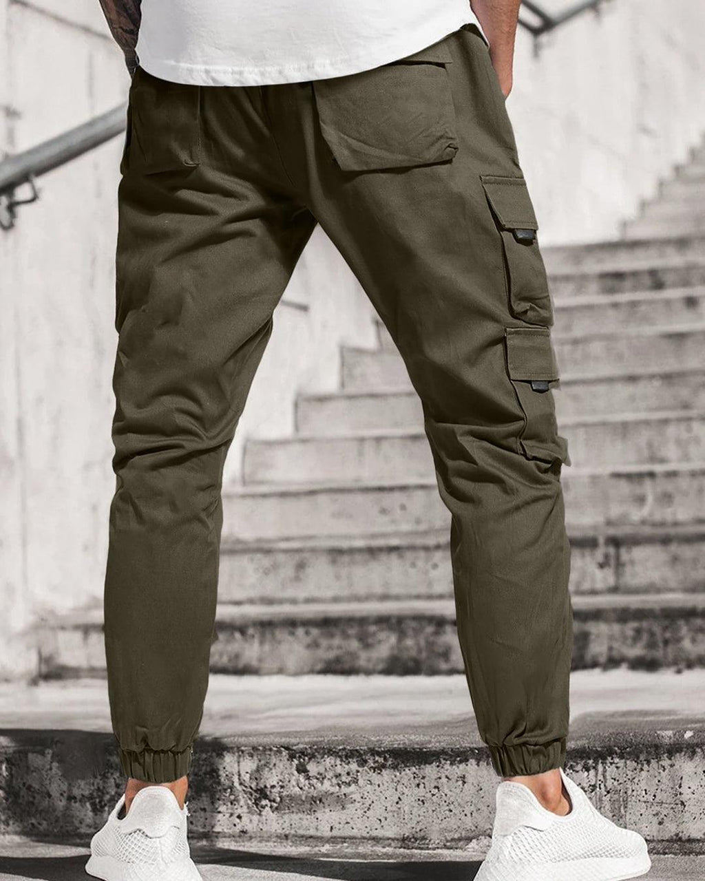 Men Streetwear Multi-Pocket Drawstring Beam Feet Olive Green Cargo Pants