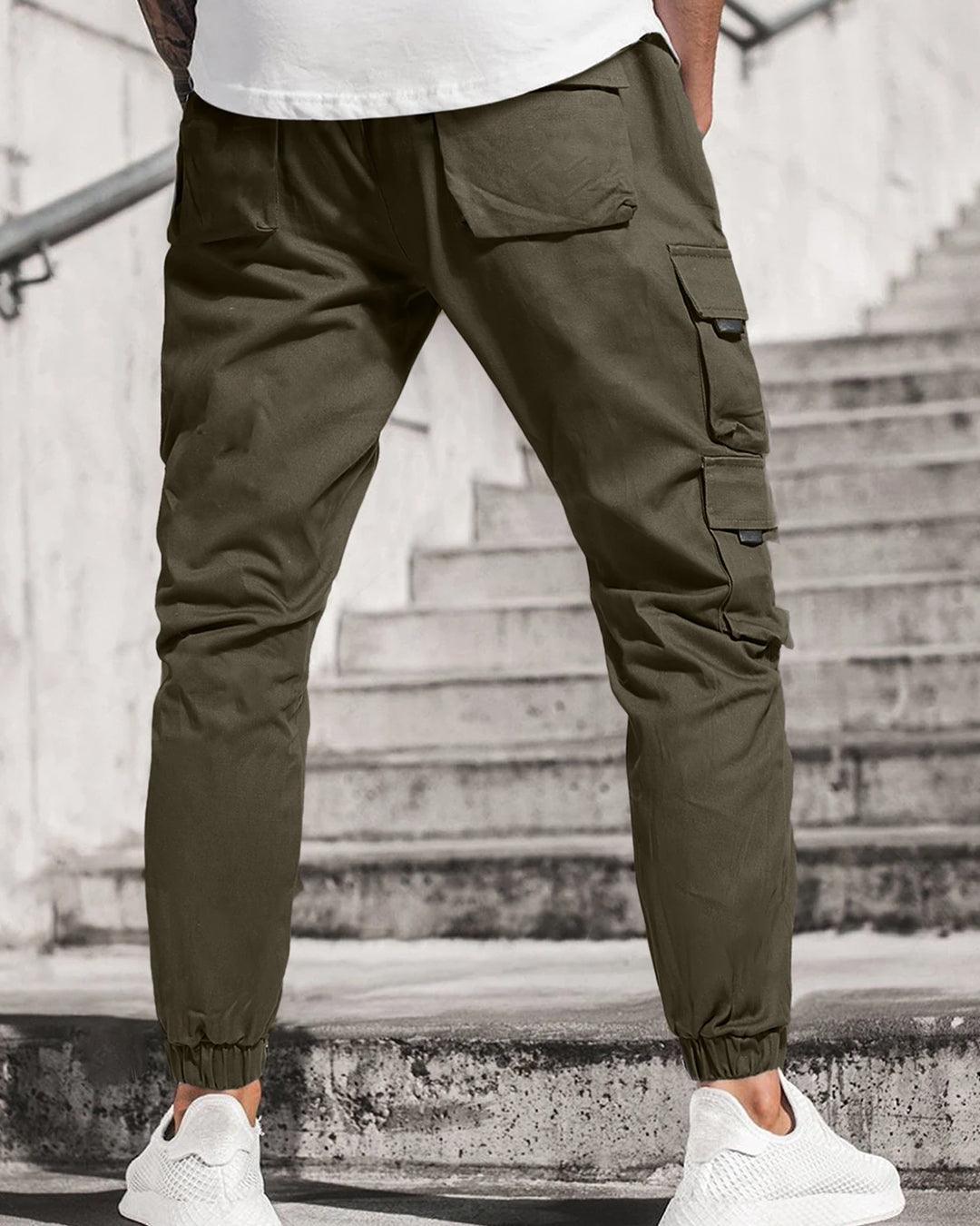 Men Streetwear Multi-Pocket Drawstring Beam Feet Olive Green Cargo Pants