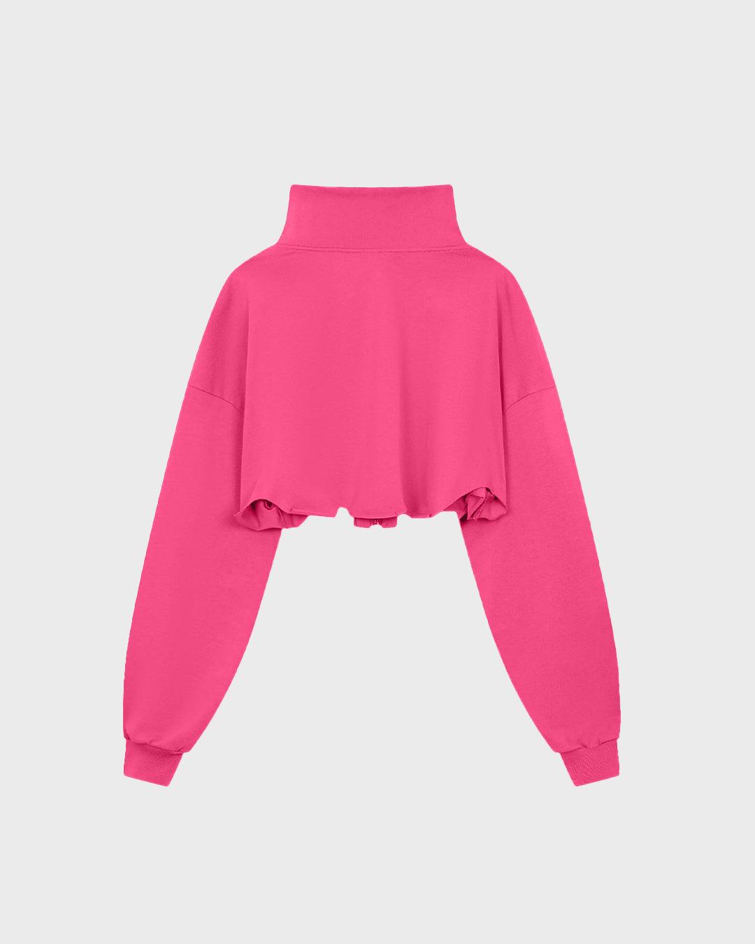 Set Crop Top With Long Sleeve Drawstring & Slim Joggers In Pink
