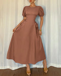 Mocha Puff Sleeve A-Line Midi Dress