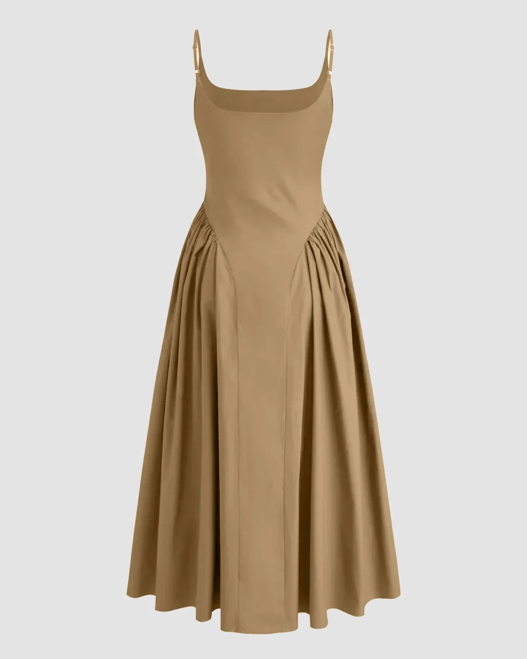 U-neckline Ruched Ruffle Hem Maxi Cami Dress in Mud