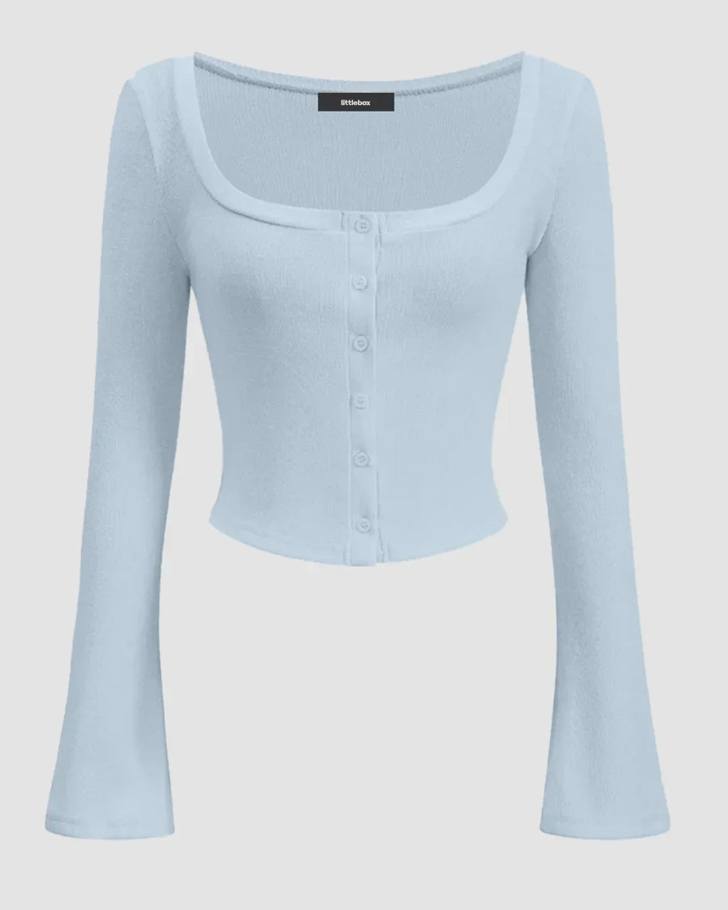 Square Neck Front Button Full Sleeve Top in Ice Blue