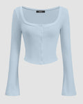 Square Neck Front Button Full Sleeve Top in Ice Blue