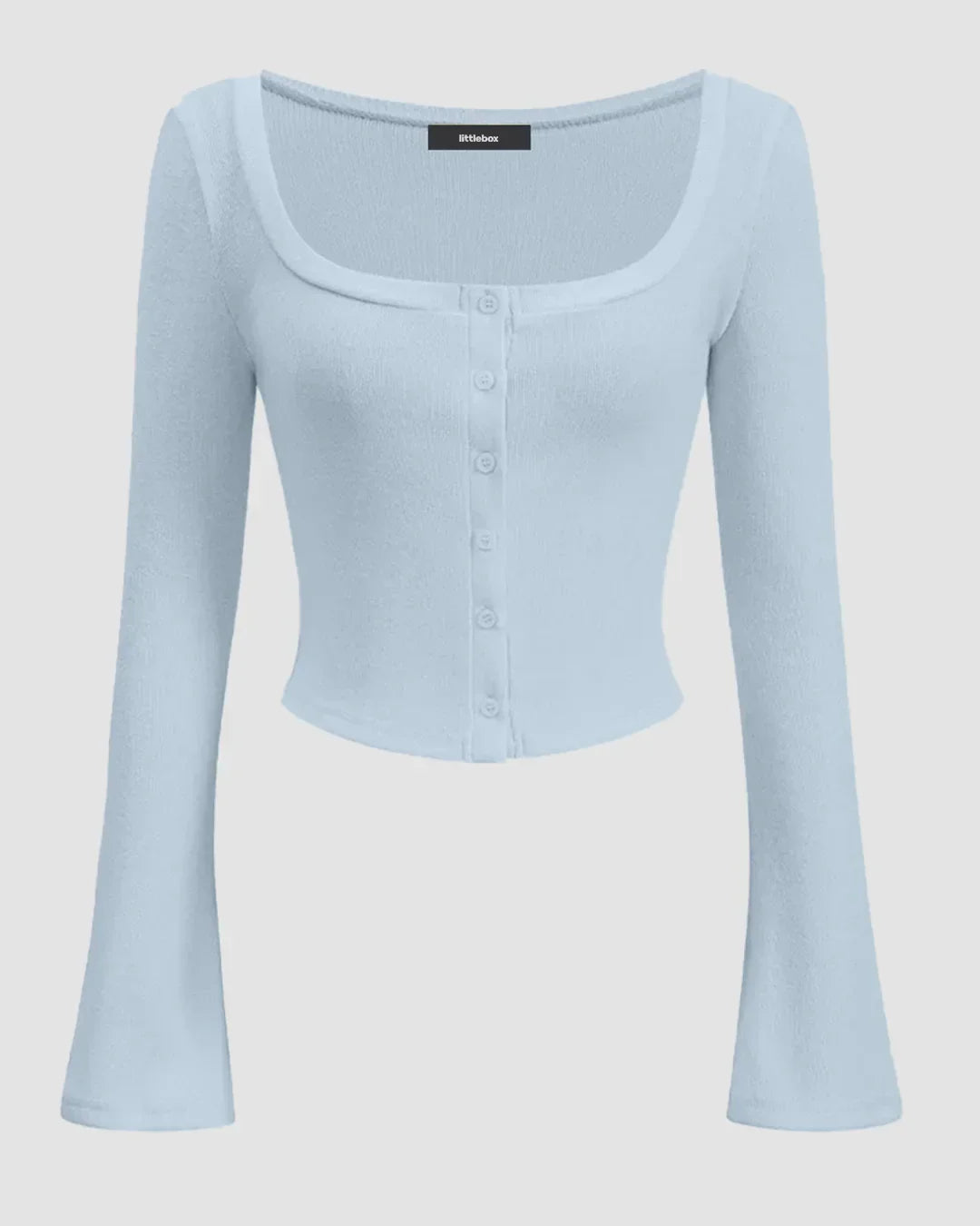 Square Neck Front Button Full Sleeve Top in Ice Blue