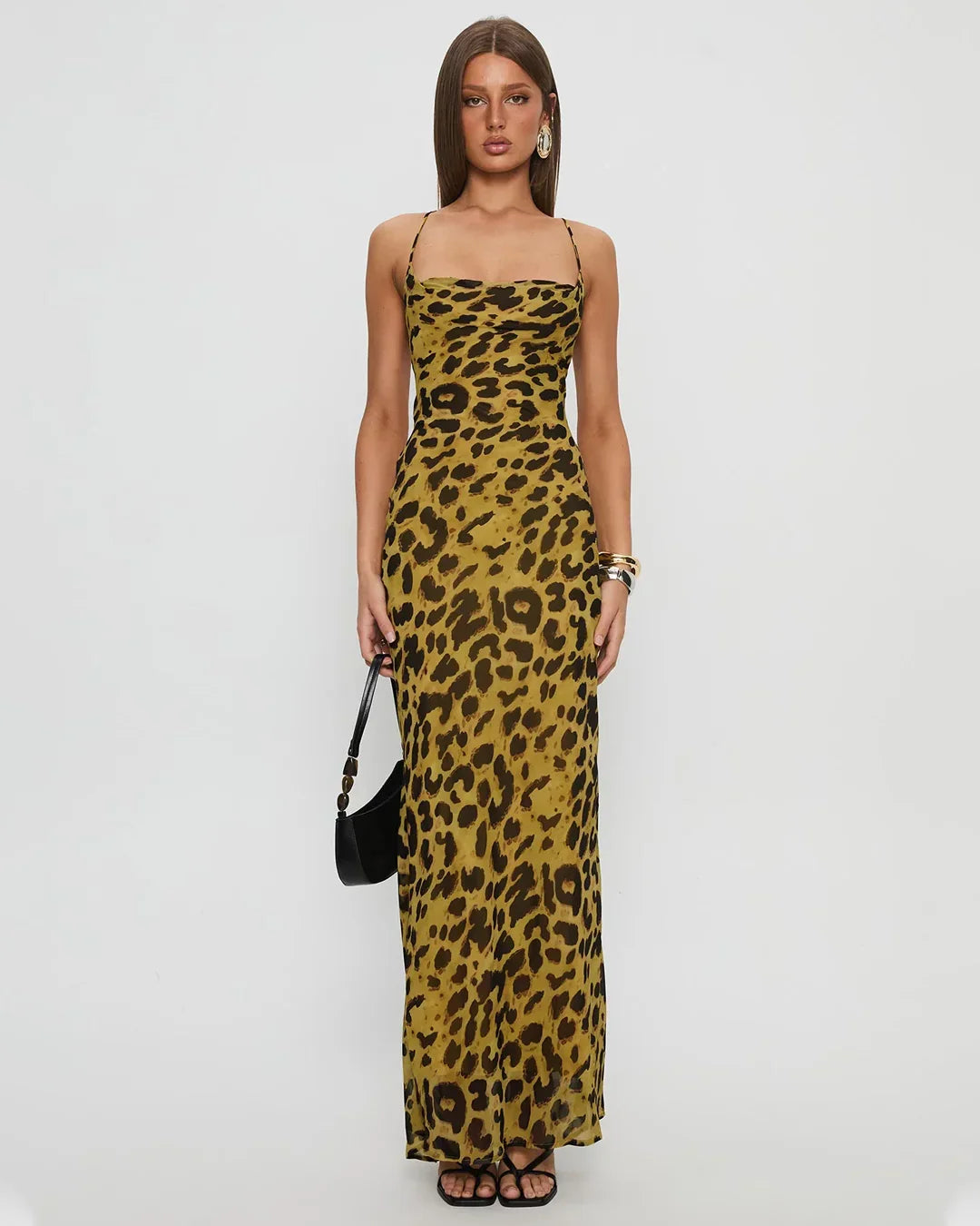Leopard Print Backless Strappy Maxi Dress