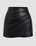 Solid Black Leather Bodycon Mini Skirt for Women