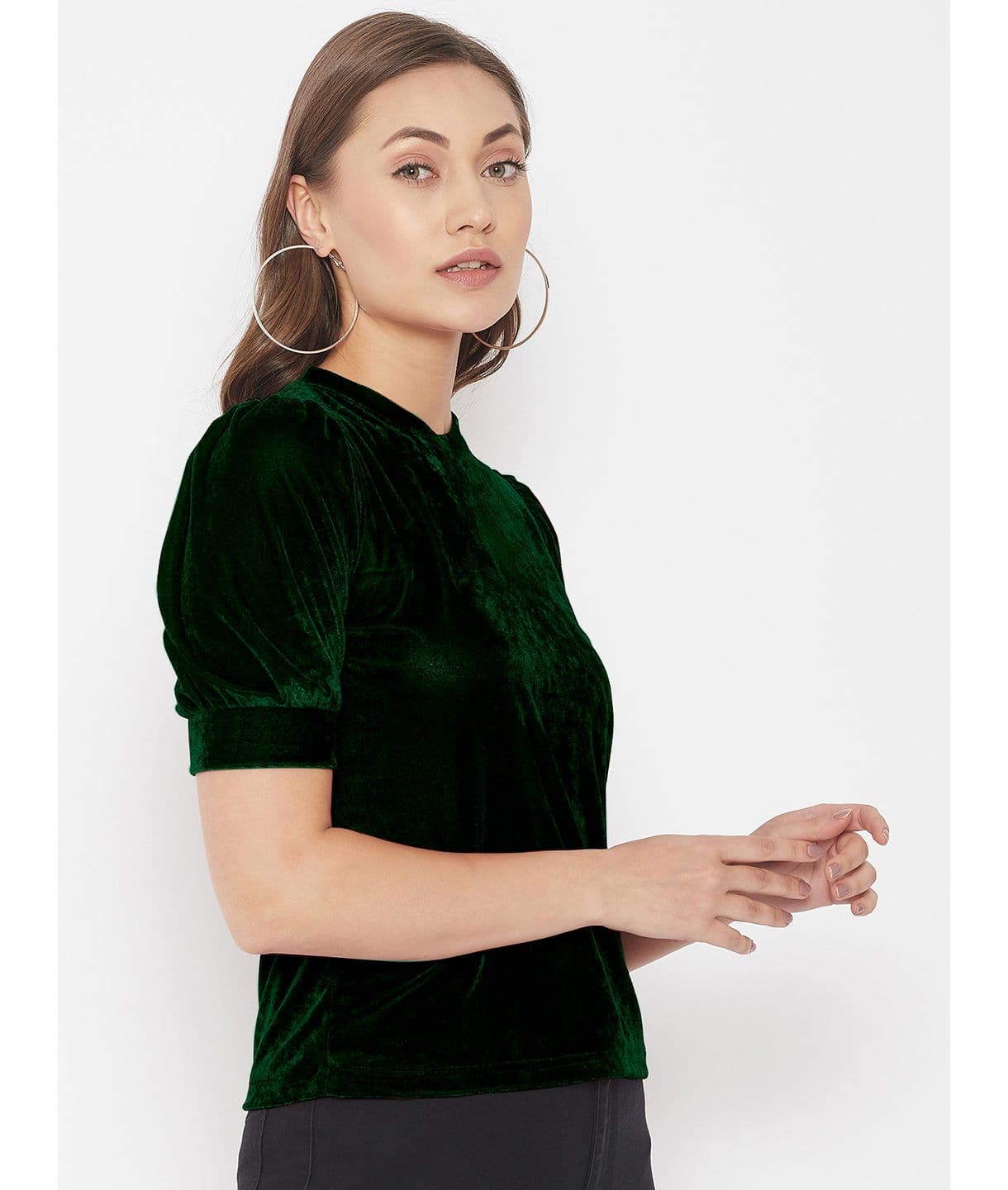Stretchable Velvet High Neck Puff Sleeve Top