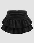 Suede Low Rise Ruched Layered Mini Skirt in Black