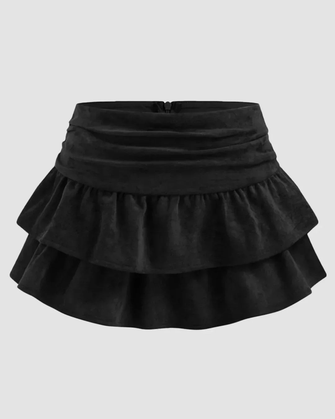 Suede Low Rise Ruched Layered Mini Skirt in Black