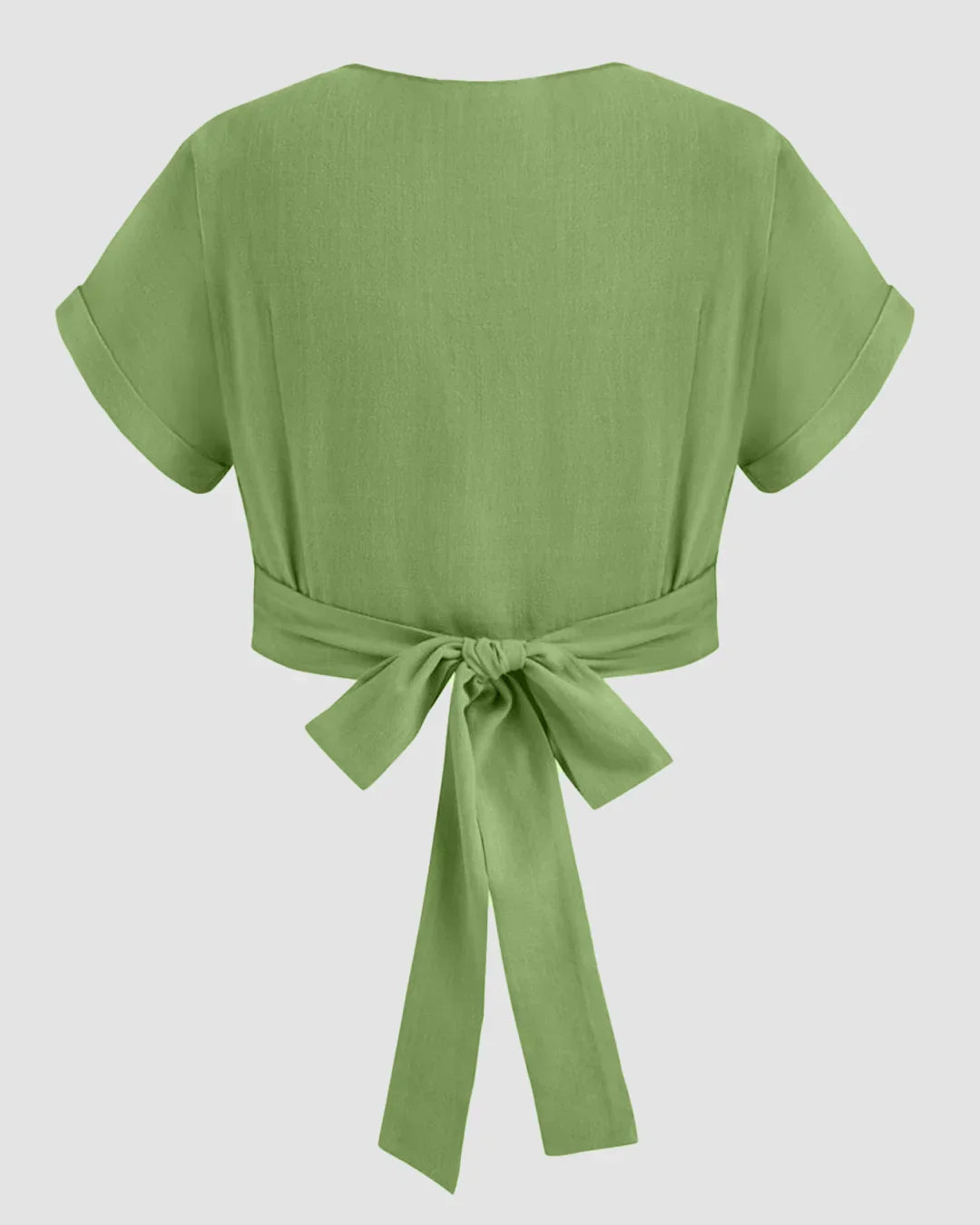 Linen-Blend V-neck Wrap Knotted Roll-up Sleeve Crop Top Curve & Plus  in Light Pista