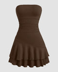 Strapless Ruched Layered Mini Dress in Brown