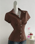 Brown Polka Dot Button Down Collared Top