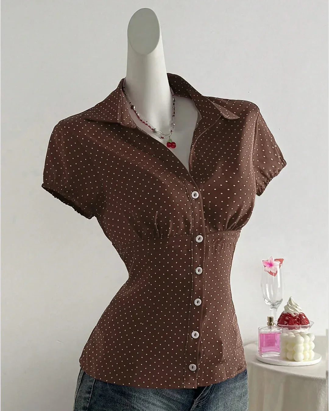 Brown Polka Dot Button Down Collared Top