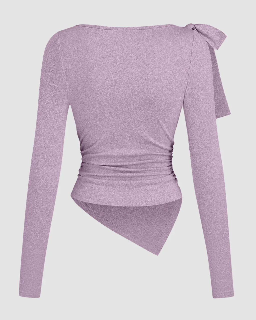 Round Neck Shoulder Tie Bow Asymmetric Hem Ruched Long Sleeve Top in Lilac