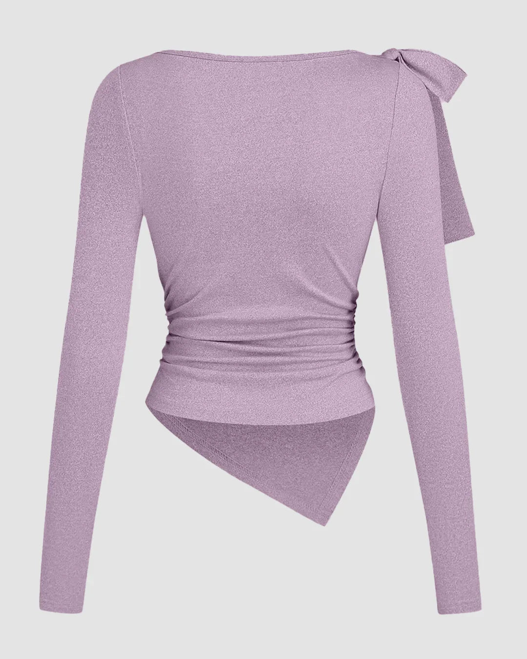 Round Neck Shoulder Tie Bow Asymmetric Hem Ruched Long Sleeve Top in Lilac