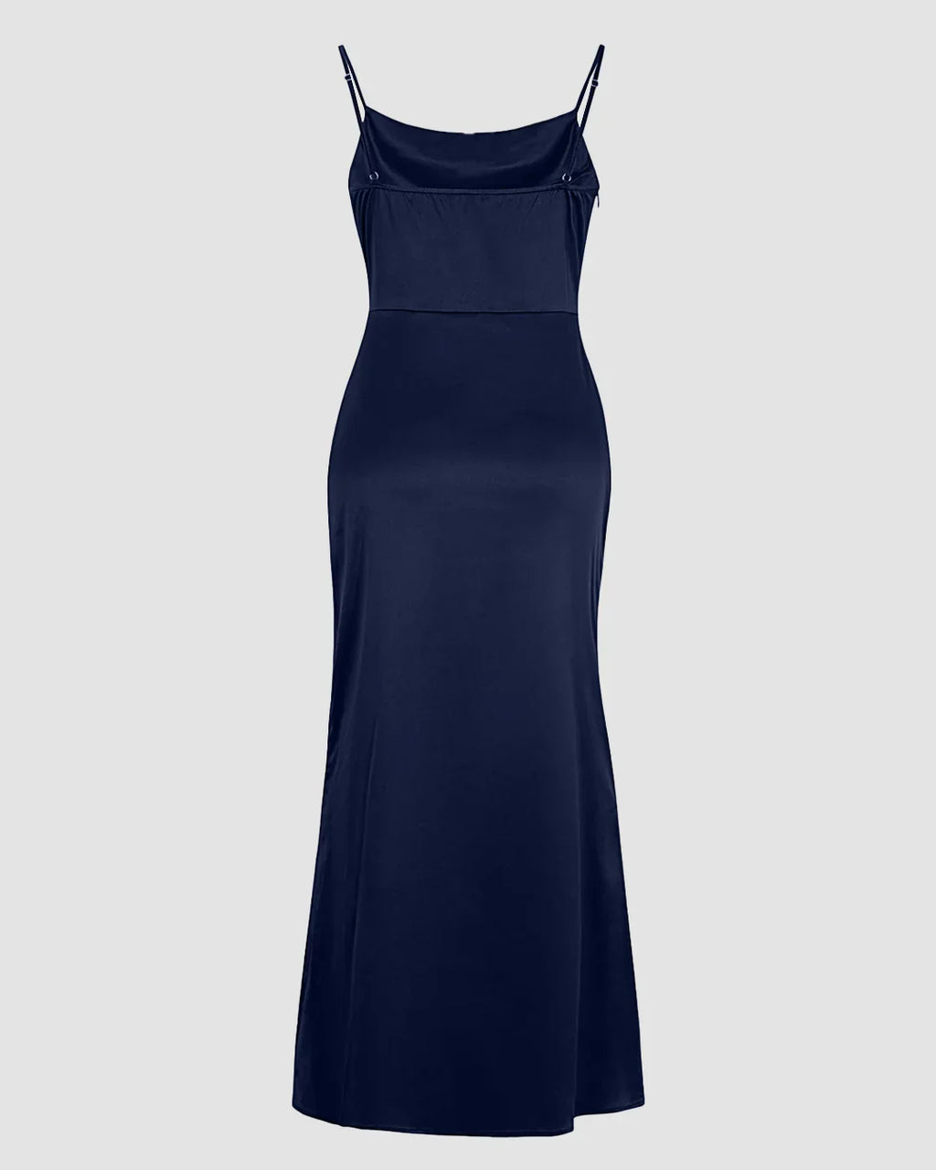 Cowl Neck Ruched Slit Sleeveless Satin Maxi Dress in Navy Blue