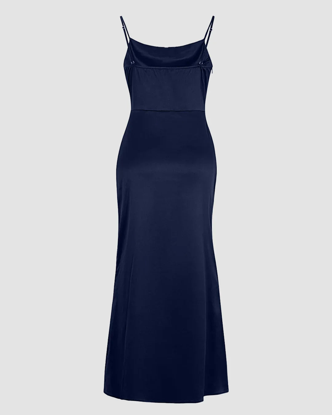 Cowl Neck Ruched Slit Sleeveless Satin Maxi Dress in Navy Blue
