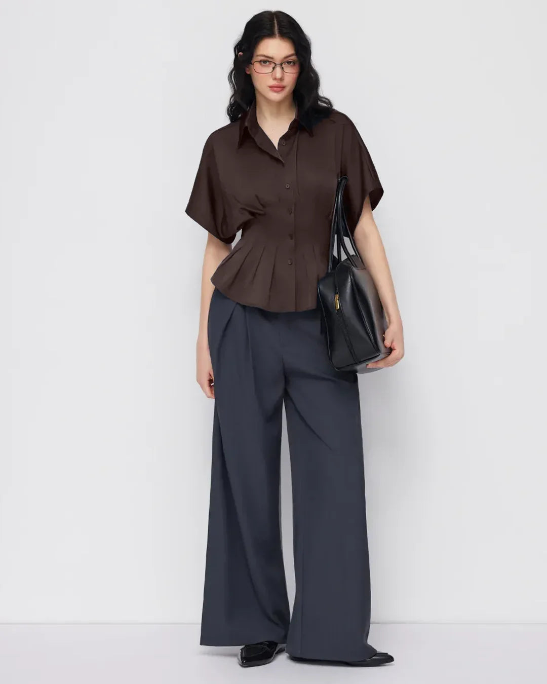 Satin Collar Pleated Cinched Short Sleeve Shirt in coffee