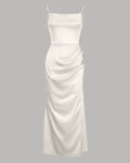 Cowl Neck Ruched Slit Sleeveless Satin Maxi Dress in Cream