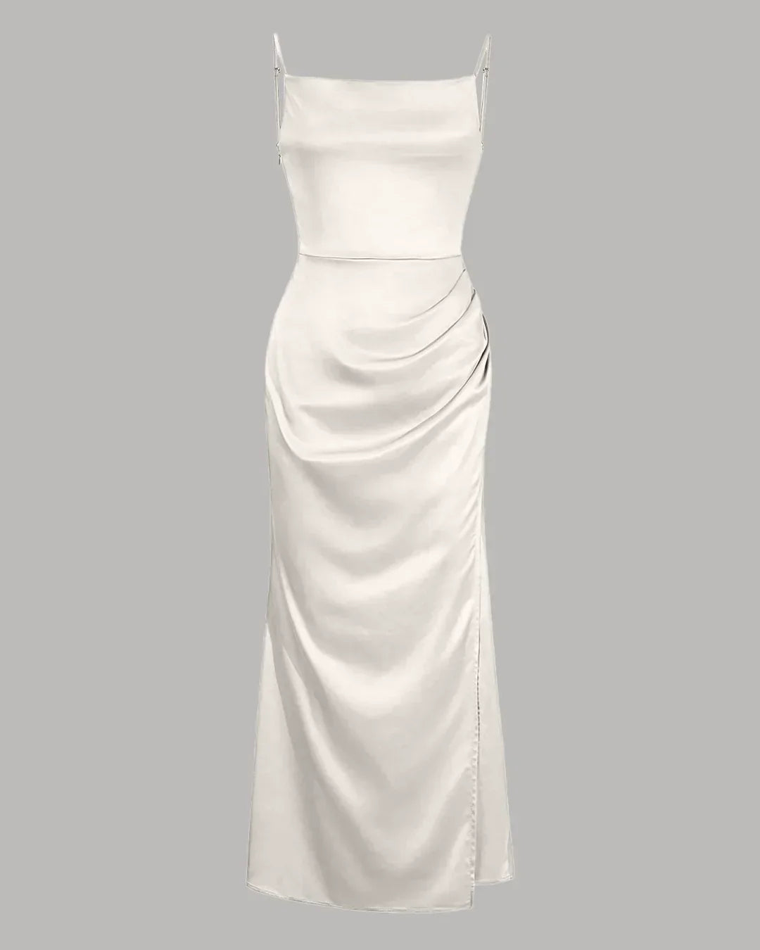 Cowl Neck Ruched Slit Sleeveless Satin Maxi Dress in Cream