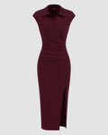 Collared Sleeveless Ruched Slit Midi Dress in Maroon