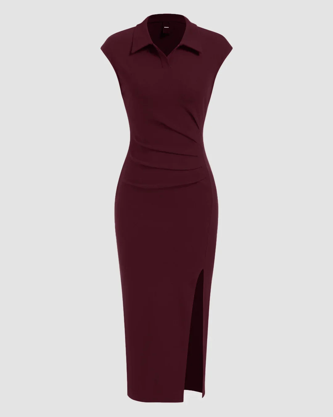 Collared Sleeveless Ruched Slit Midi Dress in Maroon