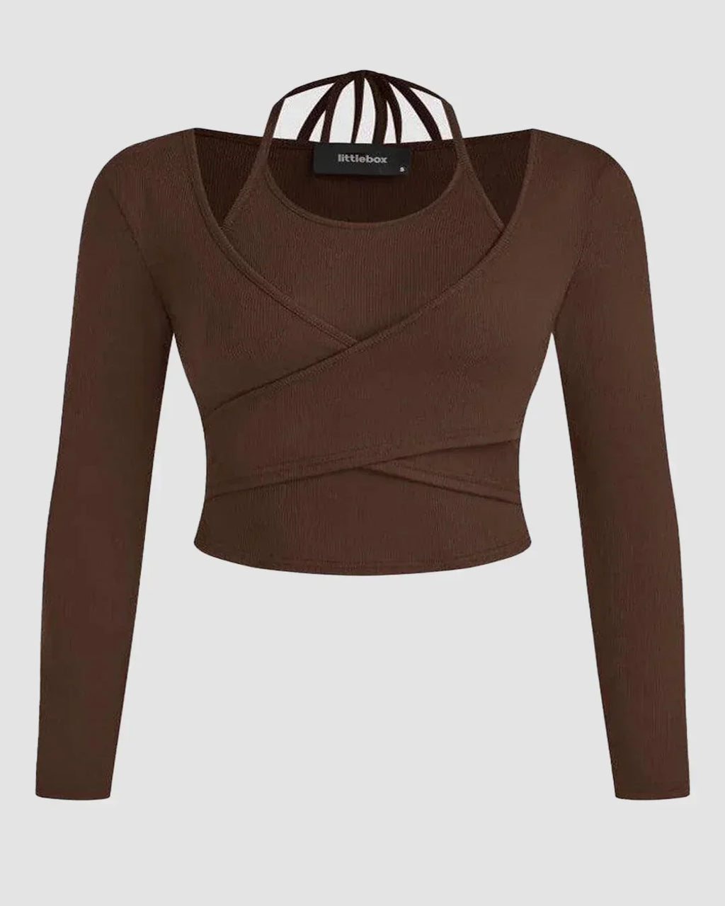 Solid Wrap Cut Out Neck Rib Knit Full Sleeve Top In Chocolate Curve & Plus