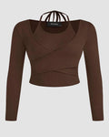 Solid Wrap Cut Out Neck Rib Knit Full Sleeve Top In Chocolate Curve & Plus