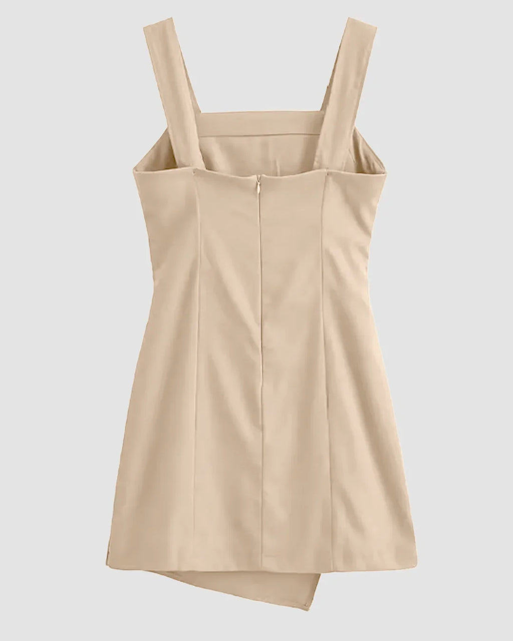 Sleeveless Square Neck Ruched Asymmetric Mini Dress in Light Khaki