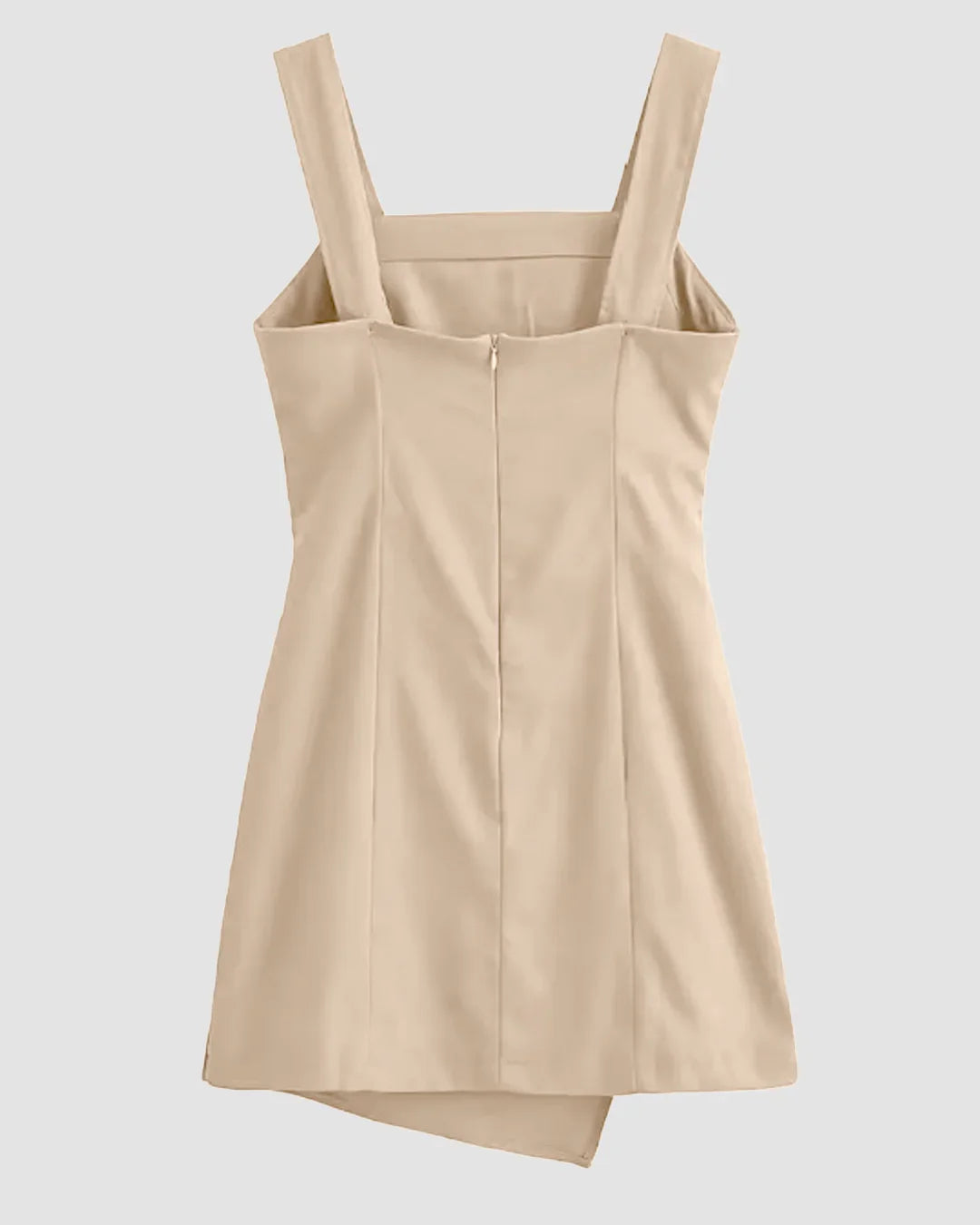 Sleeveless Square Neck Ruched Asymmetric Mini Dress in Light Khaki