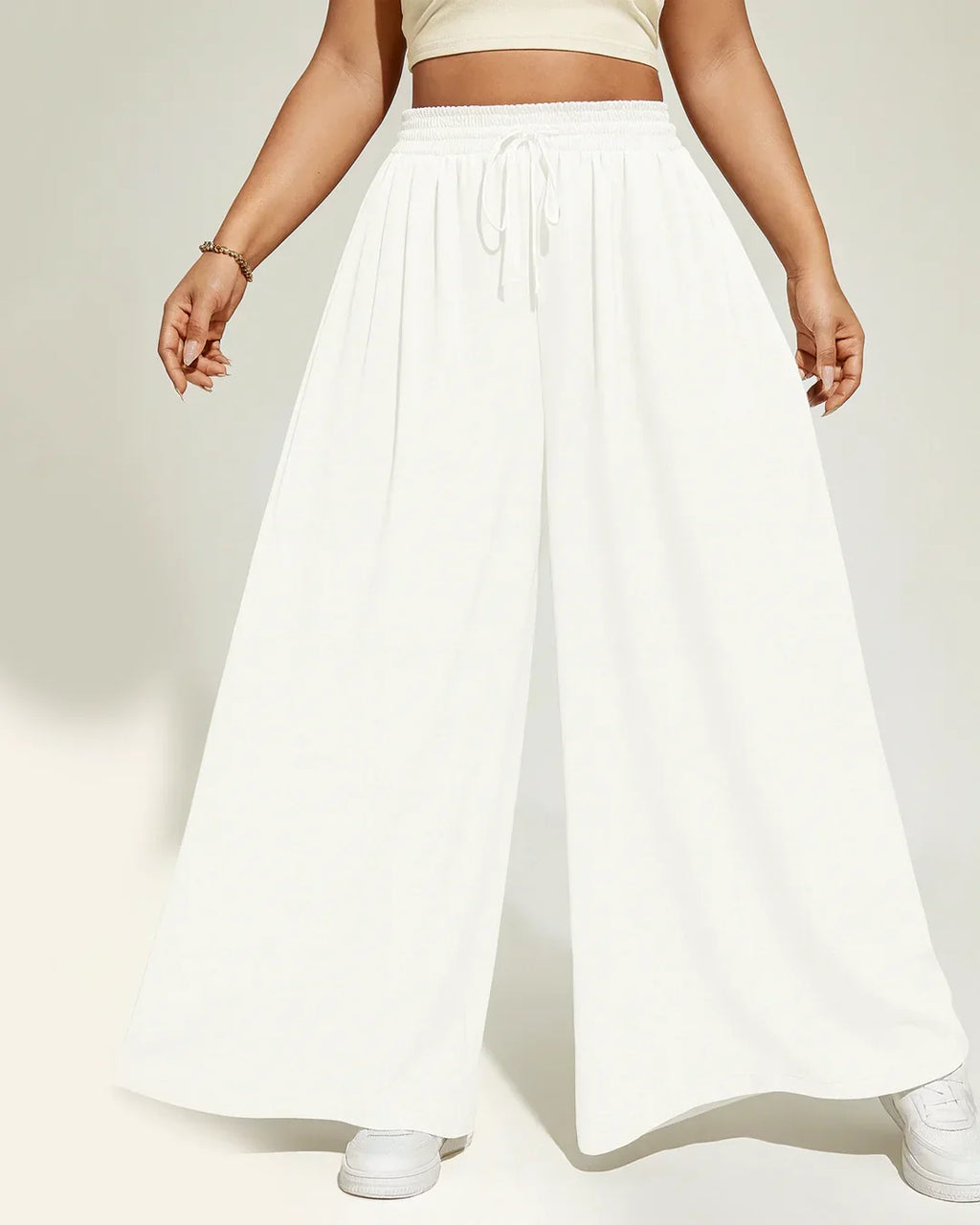 White High-Rise Drawstring Flare Leg Pants Curve & Plus