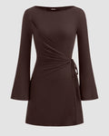 Chocolate Side-Tie Ruched Full Sleeve Mini Dress
