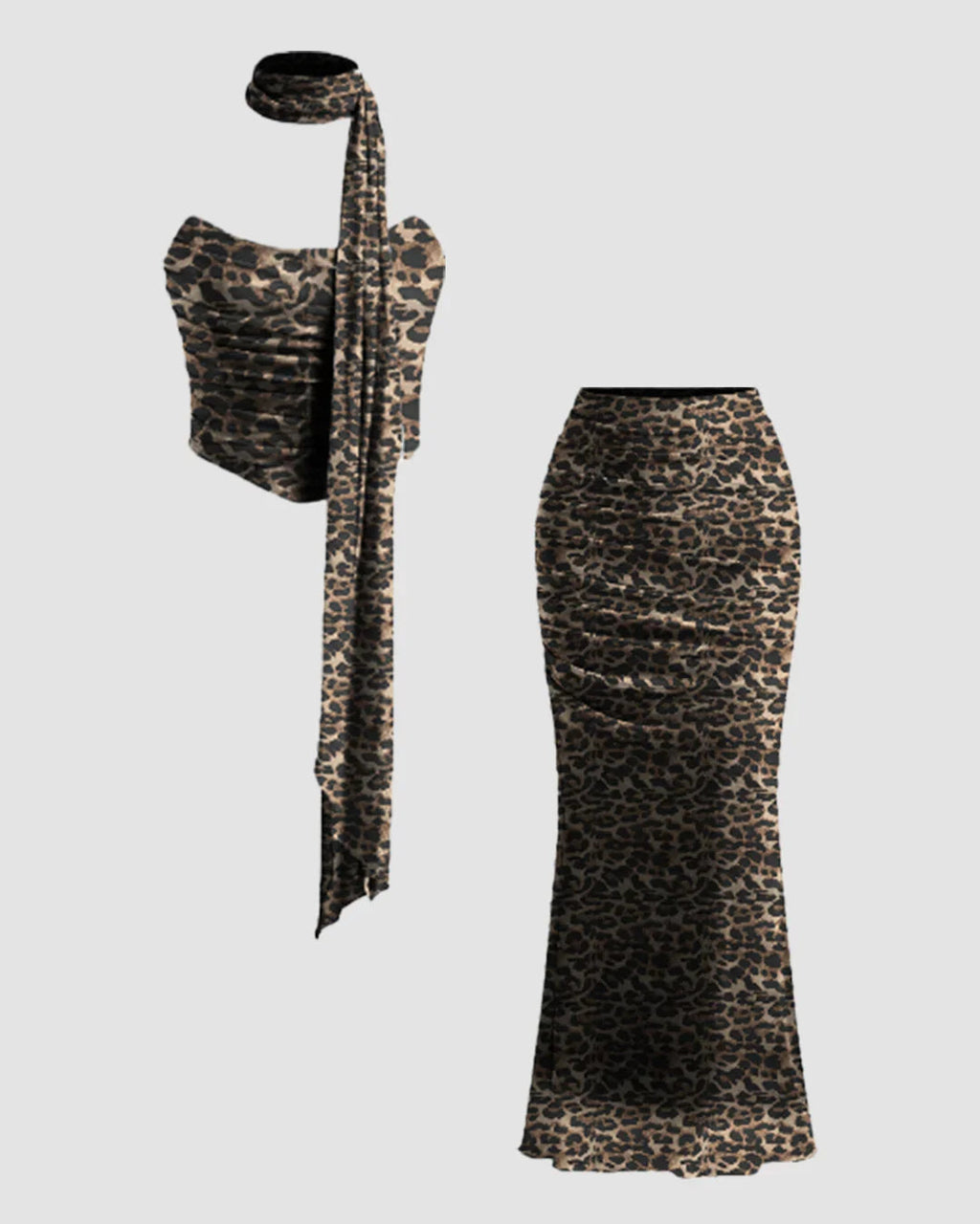 Strapless Crop Top & Ruched Bodycon Maxi Skirt Co-ords Set with scarf