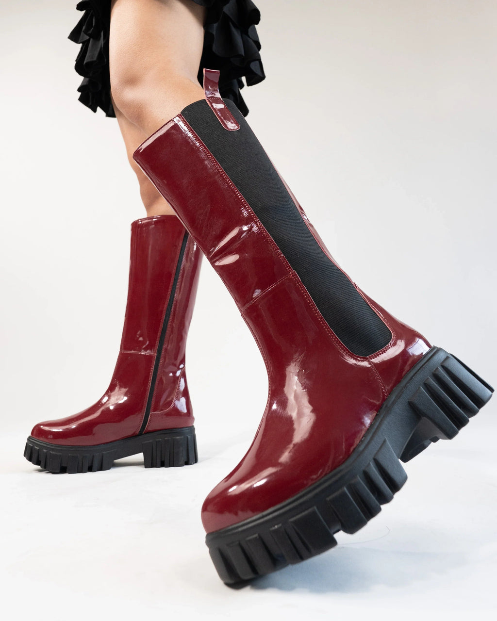 Burgundy Patent Slip-On Mid Calf Pull On Riding Boots